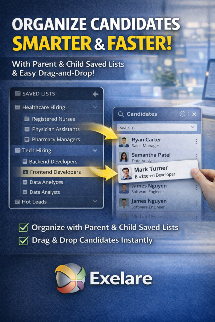 Organize candidates smarter & faster with parent and child saved lists and easy drag and drop!