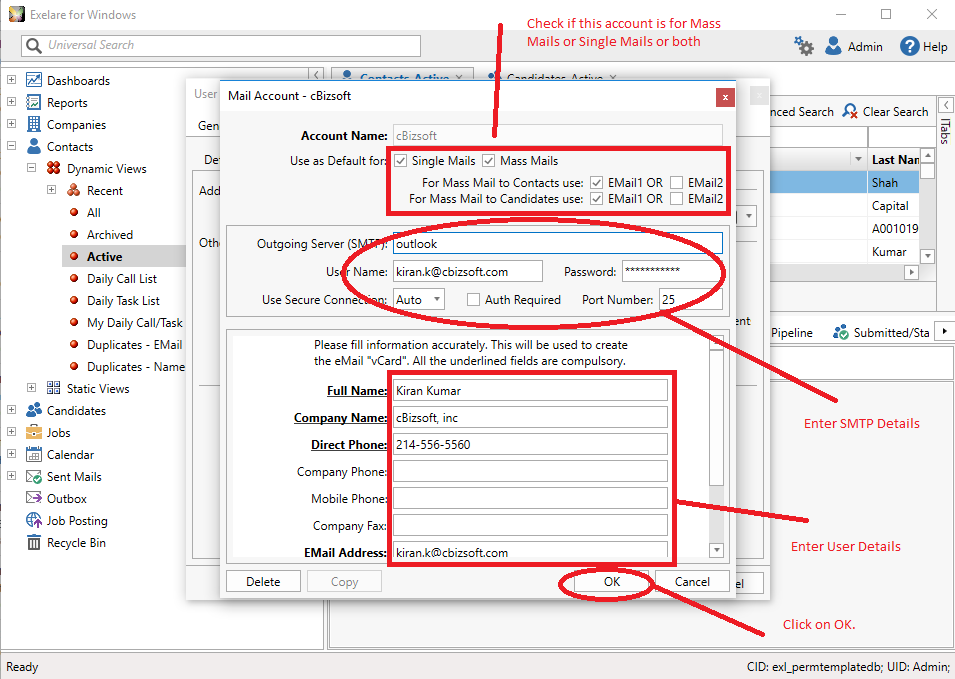 Configuring Exelare so you can send email