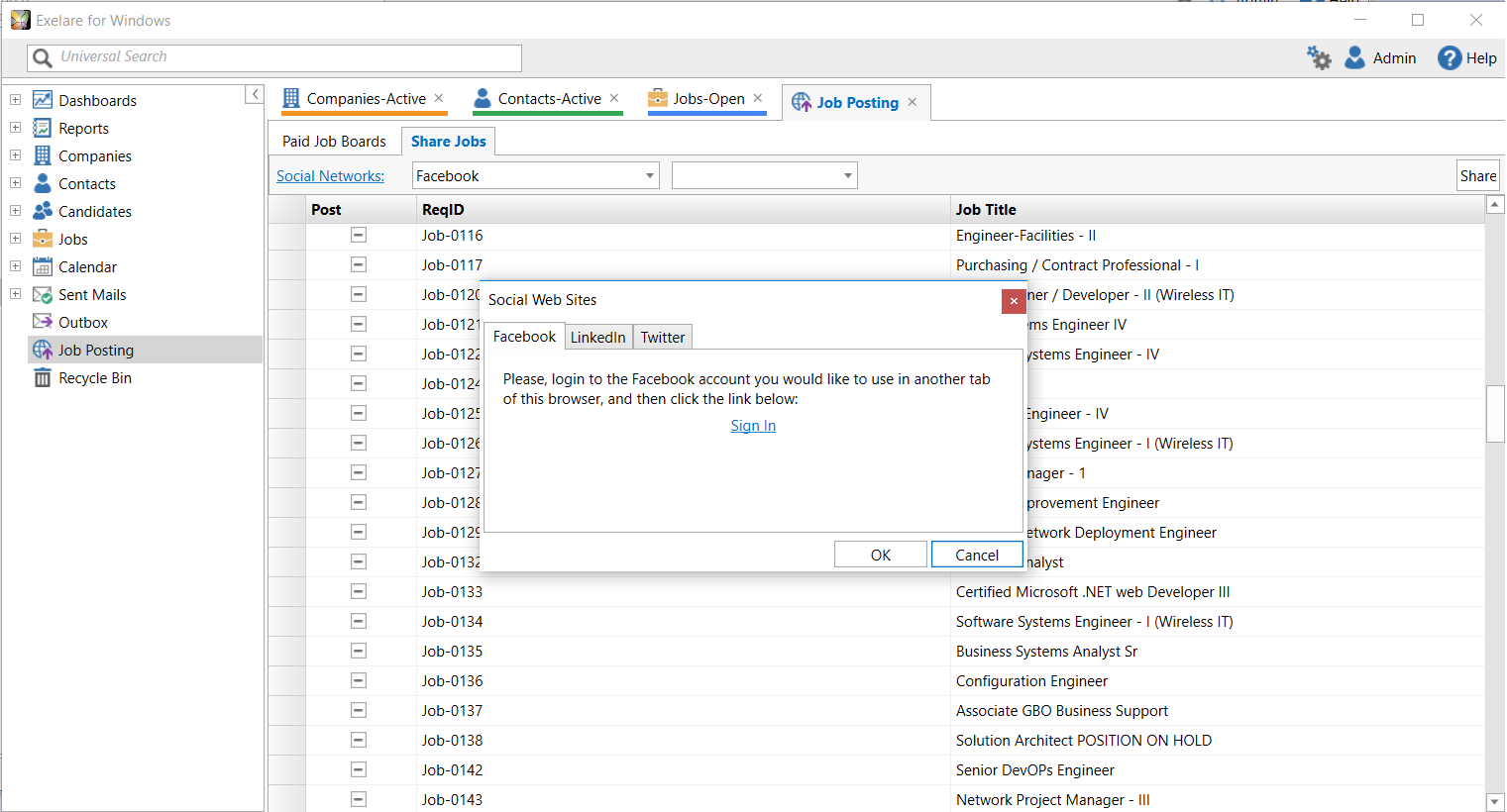 Exelare 'Share' - Facebook, Twitter & LinkedIn Integrations