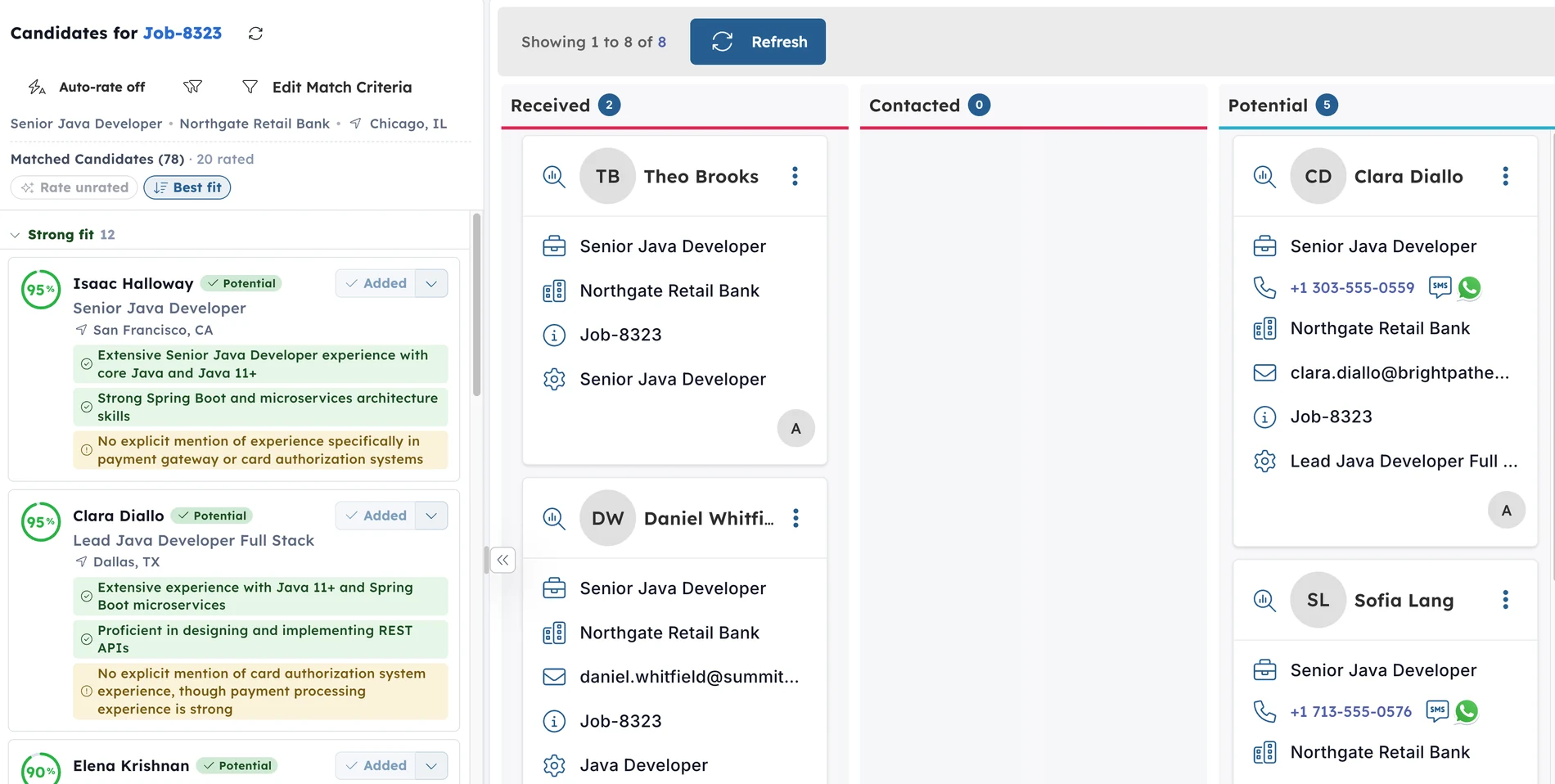 Exelare AI candidate matching: each candidate scored against the job, with the reasons for and against every match shown