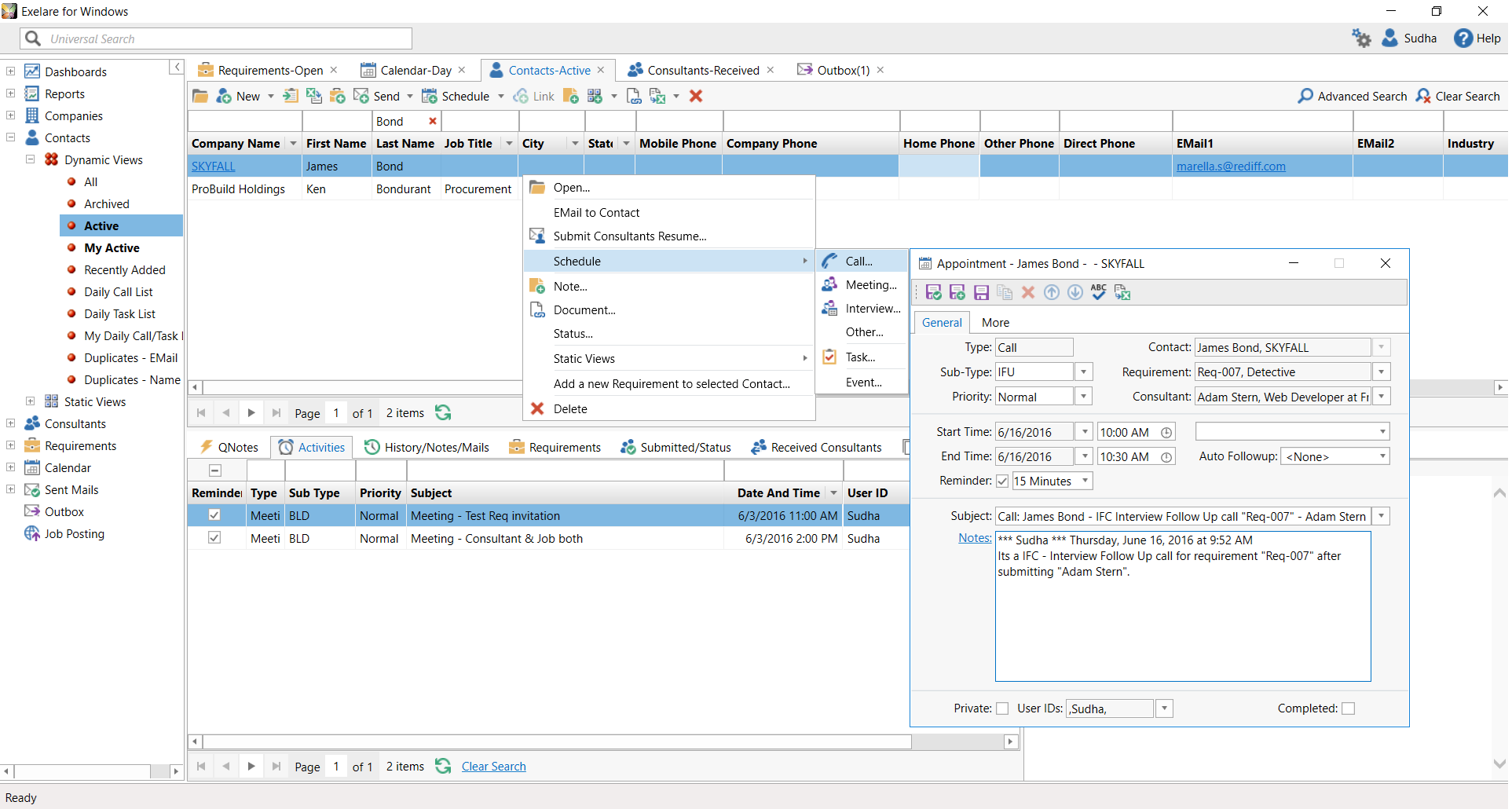Scheduling Activities - Tasks, Calls, Interviews, Meetings, Events, Other