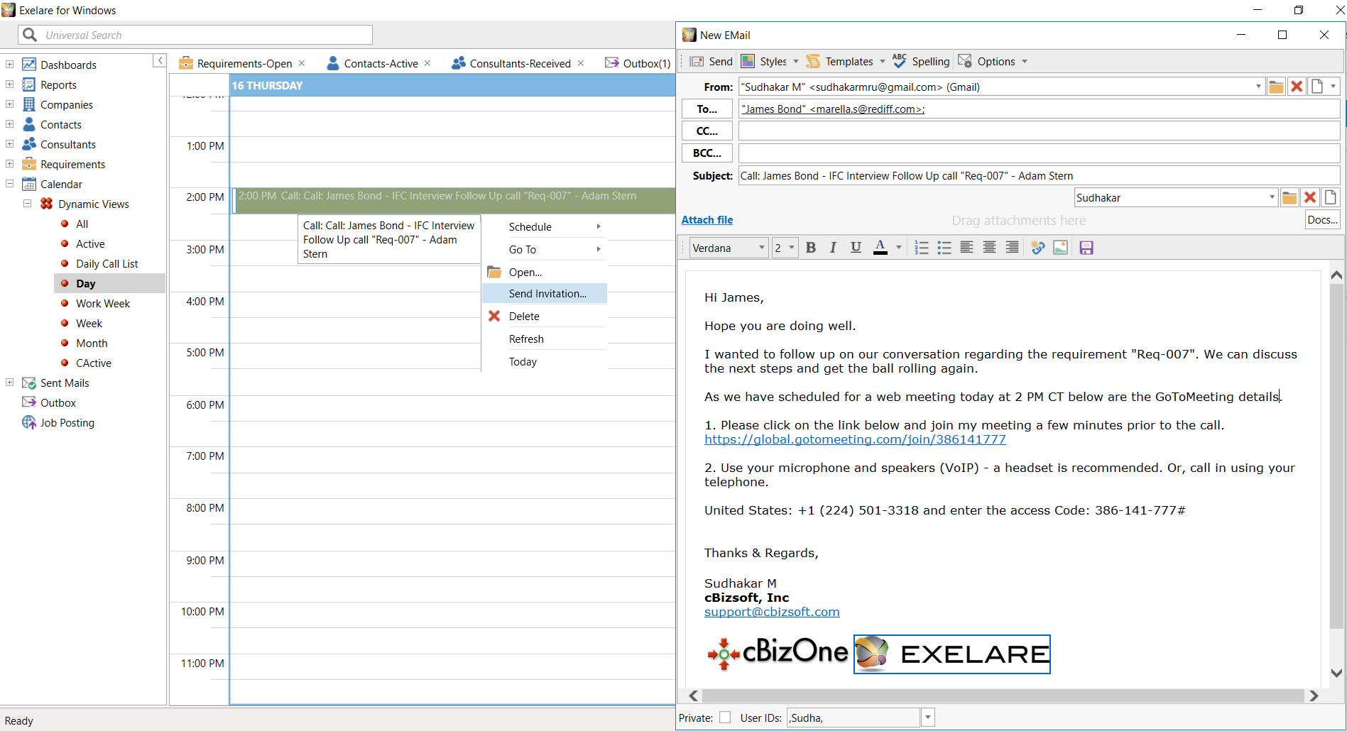 Sending Meeting Invitations from Exelare